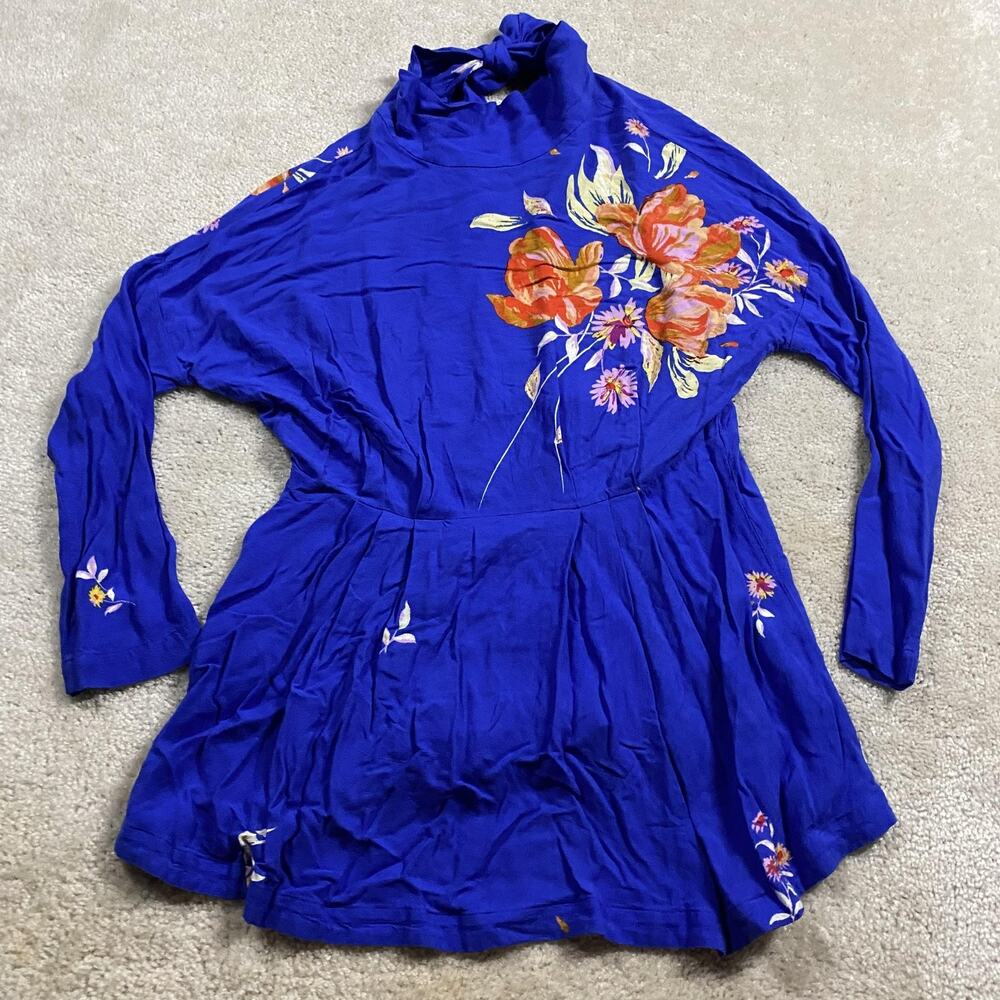 Free People Dress Womens M Blue Floral Mock Neck Long Sleeve Fit Flare Mini